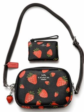 Coach Strawberry Print Crossbody Bag Set Wristlet Charm Black Leather Rare